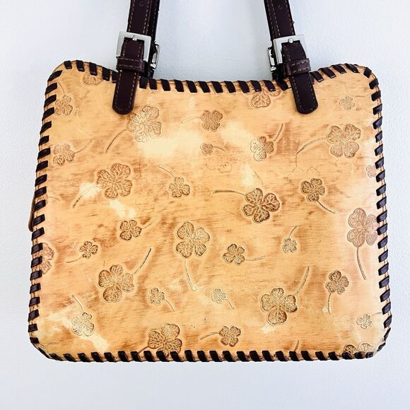 Beautiful Unique Brown Leather Four Leaf Clover Lucky Shoulder Purse Tote Bag - Picture 6 of 8